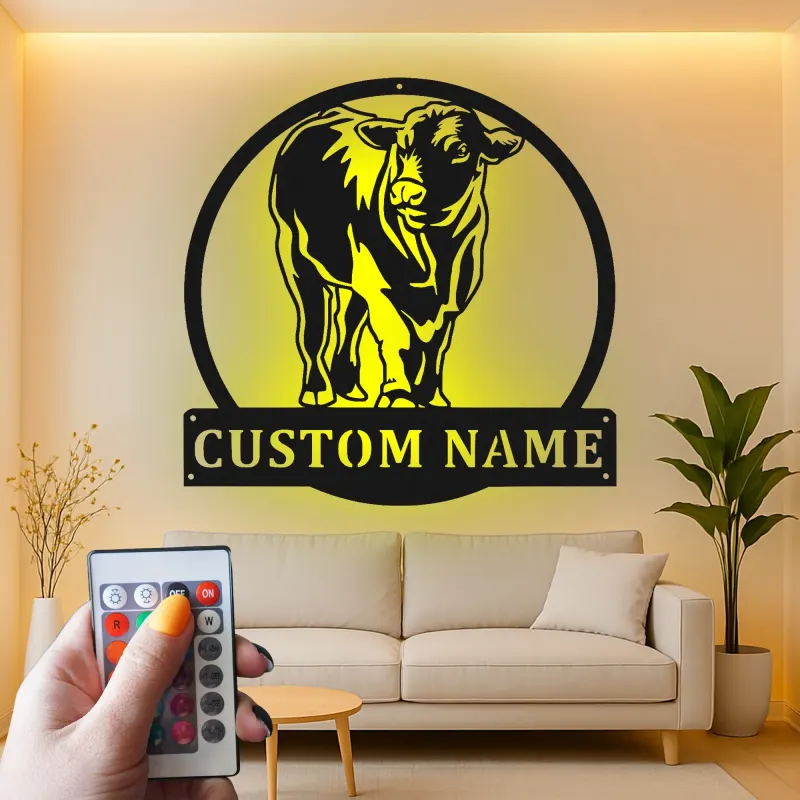 Décoration murale en métal LED personnalisée de vache - Cadeau de ferme rustique - Décor de grange