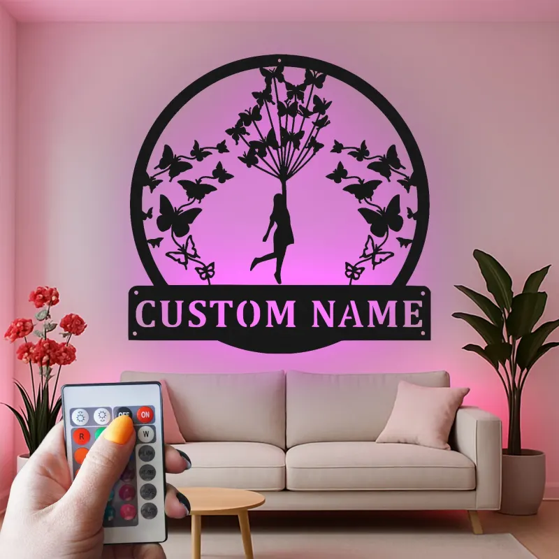 Personalisierte LED-beleuchtete Metall-Wandkunst mit Mädchen und Schmetterlingen – Geschenk für Sie, Schlafzimmer- oder Kinderzimmerdeko