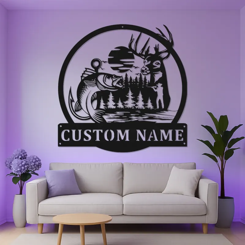 Custom Deer & Bass LED Metal Sign | Personalized Wildlife Wall Art | Rustic Cabin Decor | Hunter Fisherman Gift