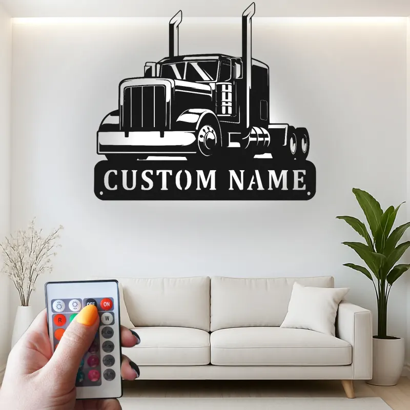 Personalisierte Semi-Truck LED-Schild | Individuelle Metall-Wandkunst für Garage | Big Rig Dekor für Trucker
