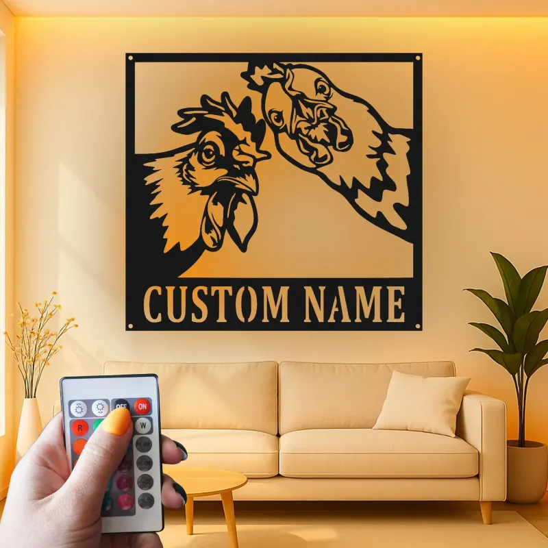 Insegna in metallo LED Duo Pollo Personalizzata Regalo per Cucina o Decorazione da Fattoria