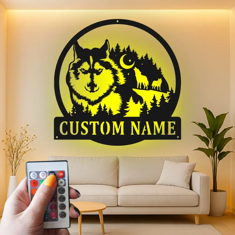 Custom Wolf Forest Scene Led Light Metal Wall Art Personalized Nature Lover Gift Rustic Cabin Decor