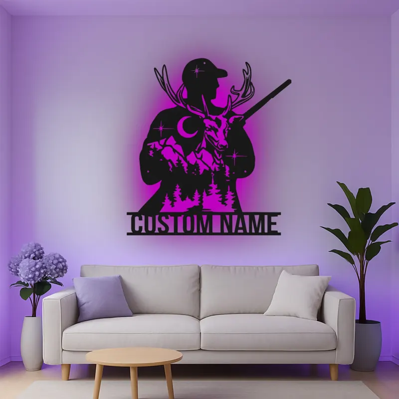 Cartel de metal personalizado de cazador y ciervo con luz LED regalo personalizado para entusiastas del aire libre decoración de man cave