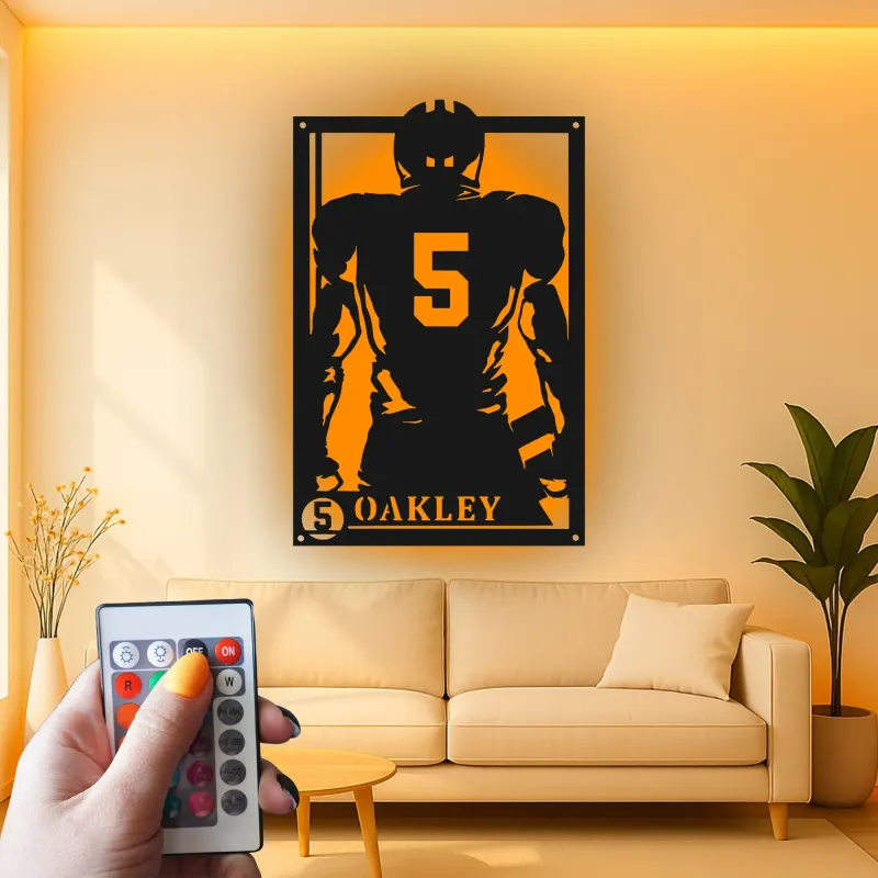 Cartel LED personalizado de jugador de fútbol americano | Arte mural de metal personalizado | Decoración para habitación juvenil | Regalo para aficionados al deporte con nombre y número