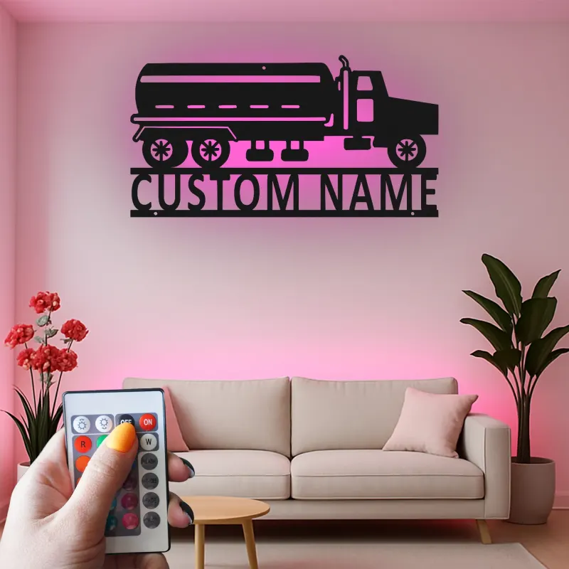 Cartel de Metal de Camión Cisterna Personalizado | Arte de Pared LED para Garaje | Decoración Industrial para Man Cave | Regalo Personalizado para Camioneros