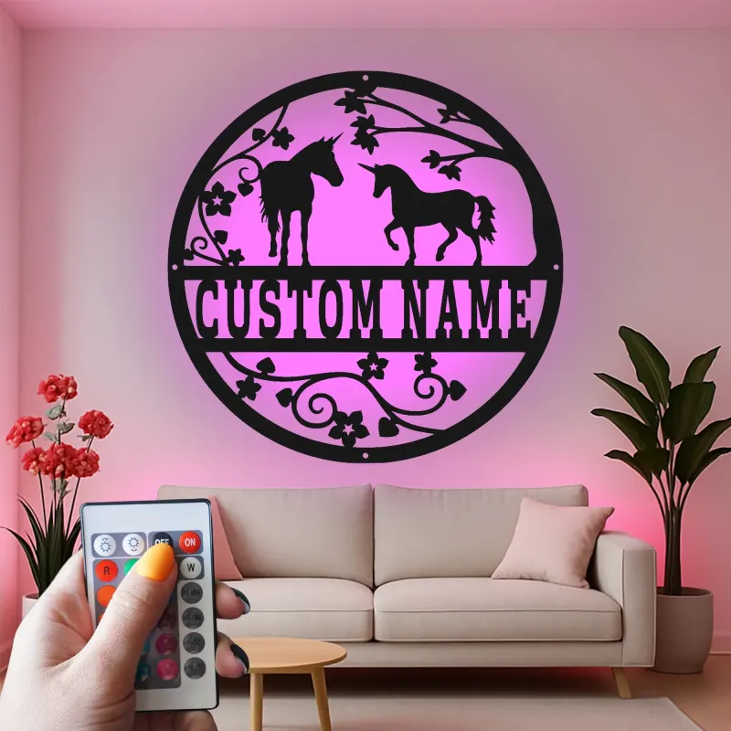 Cartel LED personalizado de unicornio | Arte mural de metal con nombre a medida | Decoración mágica para guardería y habitación infantil | Regalo para amantes de la fantasía