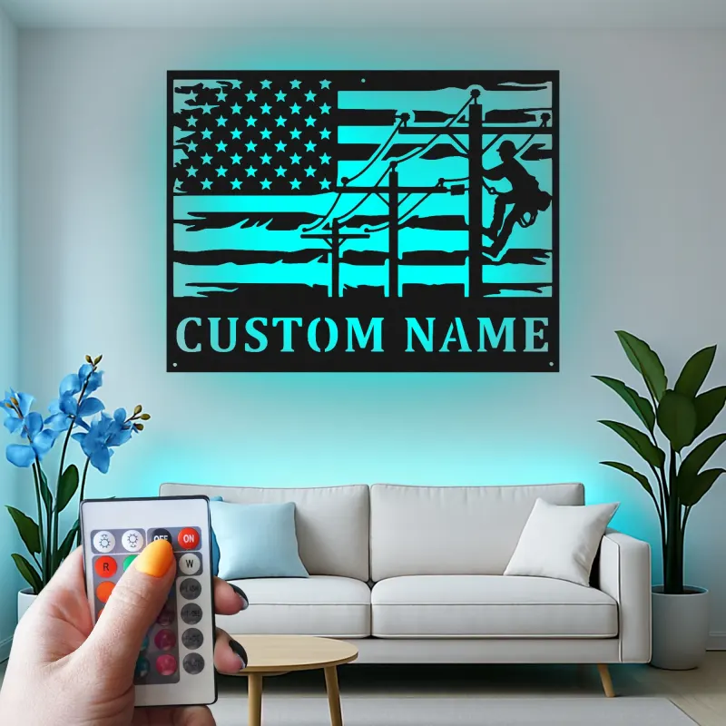 Cartel de metal personalizado para liniero | Arte LED con bandera americana personalizada | Regalo para electricista y decoración patriótica para trabajador de servicios públicos