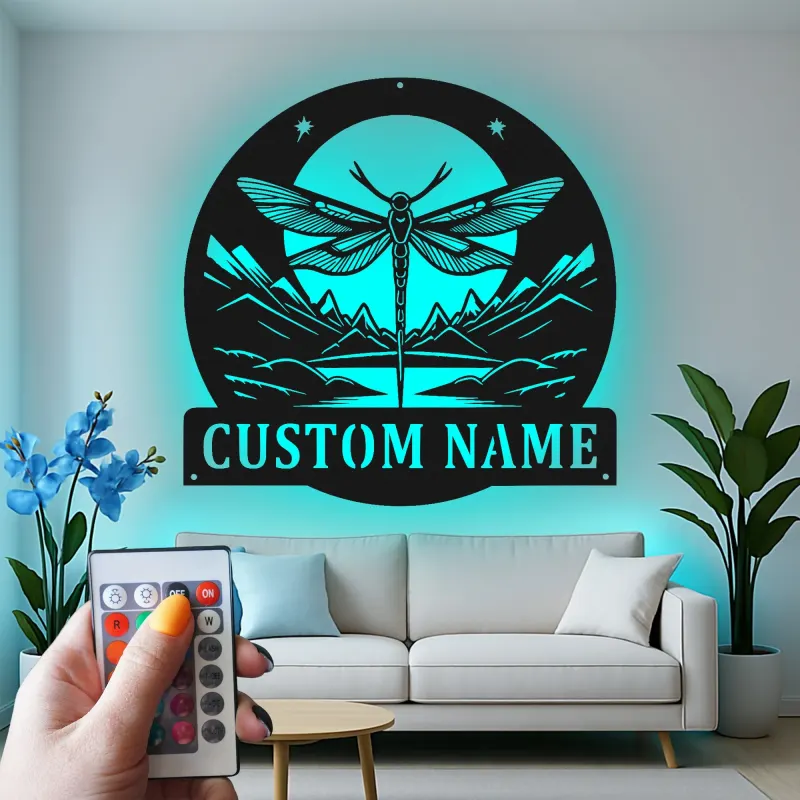 Custom Dragonfly Mountain Scene Led Light Metal Wall Art Personalized Nature Lover Gift Bedroom or Living Room Decor