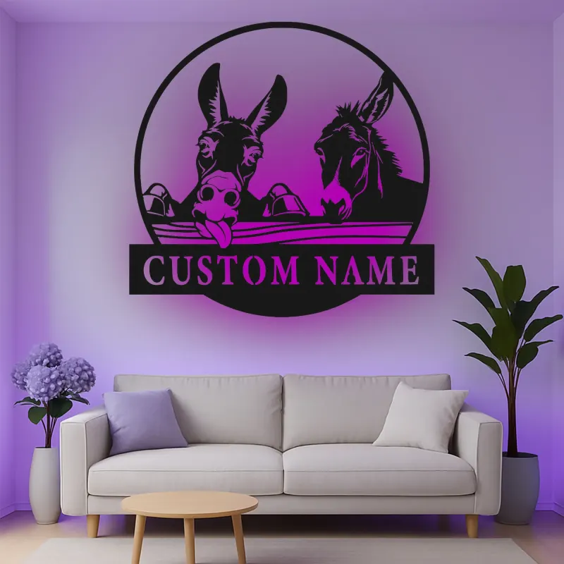 Custom Donkey Duo Led Light Metal Wall Art Personalized Farmhouse Gift Rustic Home Decor for Animal Lovers