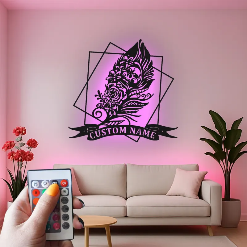 Décoration murale en métal LED crâne gothique | Décor personnalisé style tatouage | Panneau prénom sur mesure pour chambre ou studio