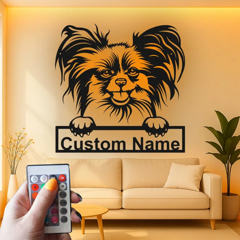 Art Murale Métal LED Chien Papillon | Panneau de Nom Personnalisé pour Animal de Compagnie | Cadeau Personnalisé pour Maman Chien | Décoration Moderne pour Salon