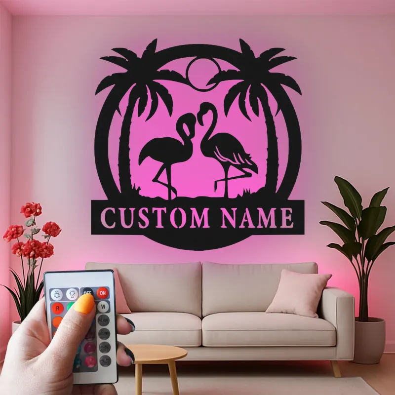 Insegna in metallo con fenicottero personalizzata e LED | Decorazione tropicale per casa al mare | Arte murale con nome per patio e soggiorno