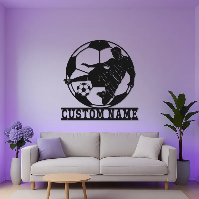 Cartel de Metal de Jugador de Fútbol Personalizado | Arte Mural LED Deportivo | Regalo con Nombre Personalizado para Atletas | Decoración de Habitación de Niños