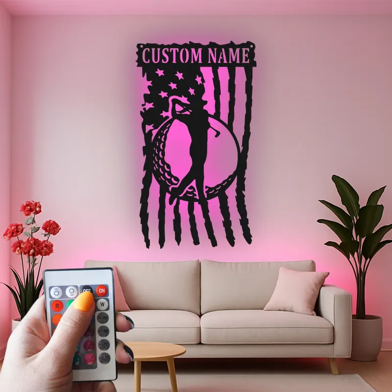 Insegna da golf su misura con LED | Arte murale in metallo con nome del golfista | Decorazione man cave con bandiera americana