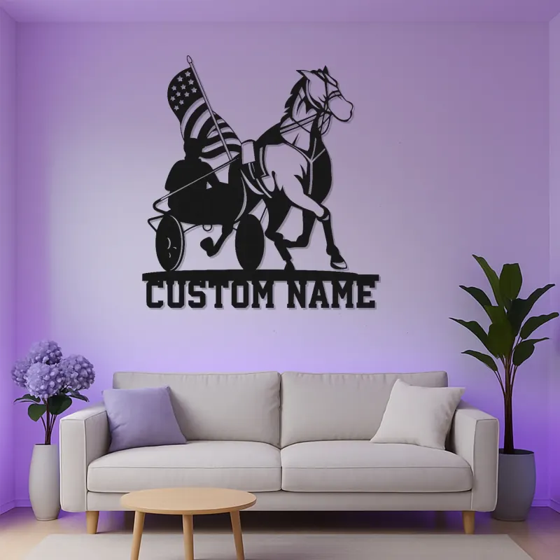 Harness Racing LED Metal Sign | Personalized Equestrian Wall Art | Custom Horse & USA Flag Stable Decor | Horse Lover Gift