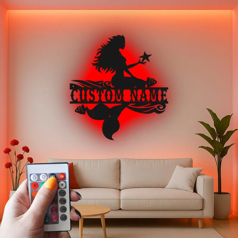 Panneau de sirène personnalisé | Lumière LED personnalisée | Décoration murale en métal pour chambre de fille | Décor de nursery nautique