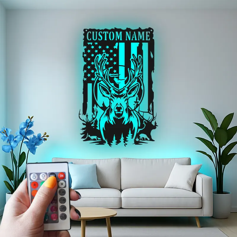 Cartel de metal personalizado con ciervo y bandera americana con luz LED, regalo para cazadores, decoración rústica para cabañas