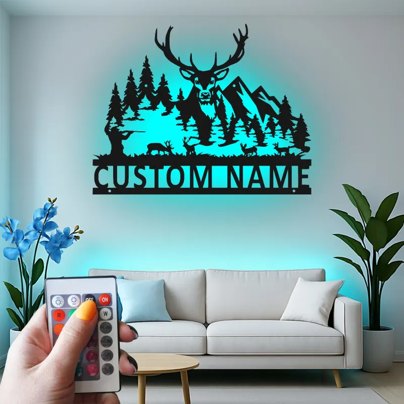 Custom Deer Hunter Led Light Metal Wall Art Personalized Gift for Hunters Rustic Cabin Decor 1