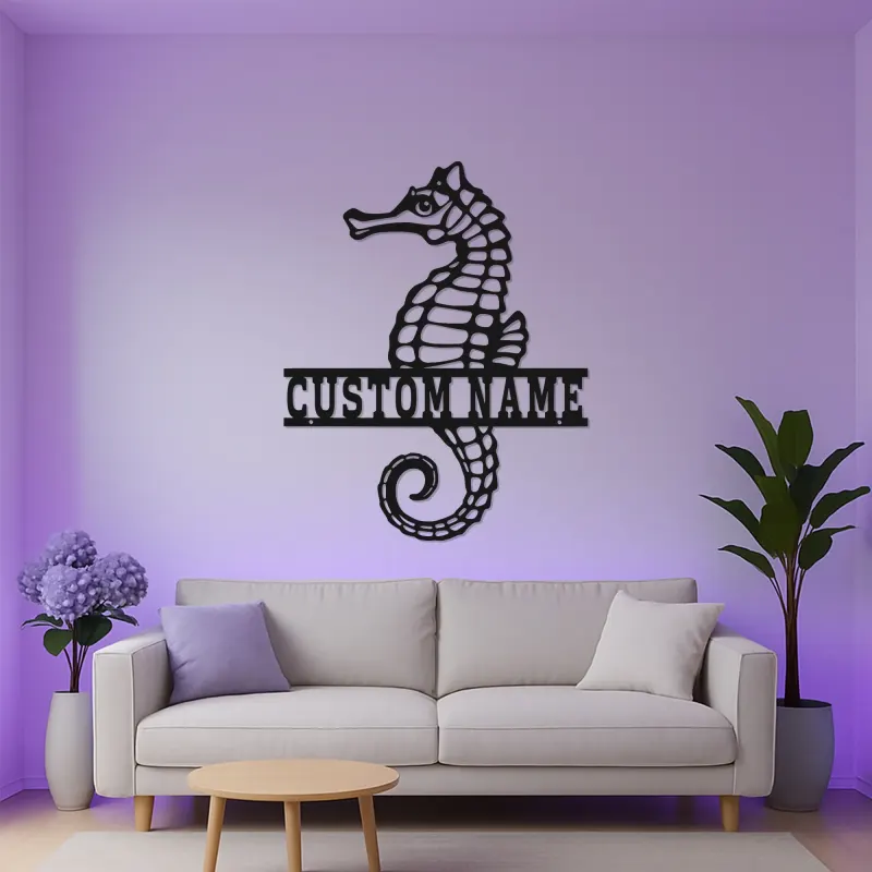 Panneau Métal LED Hippocampe Personnalisé | Décoration Murale Nautique Personnalisée | Décor Maison Côtière & Cadeau pour Amoureux de l'Océan