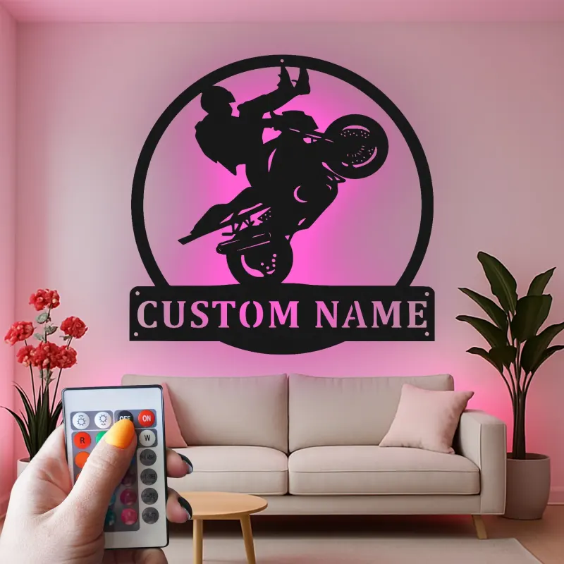Arte mural de metal LED personalizado de motocicleta | Señal de nombre personalizada para stunt rider | Decoración de garaje de biker y regalo para él
