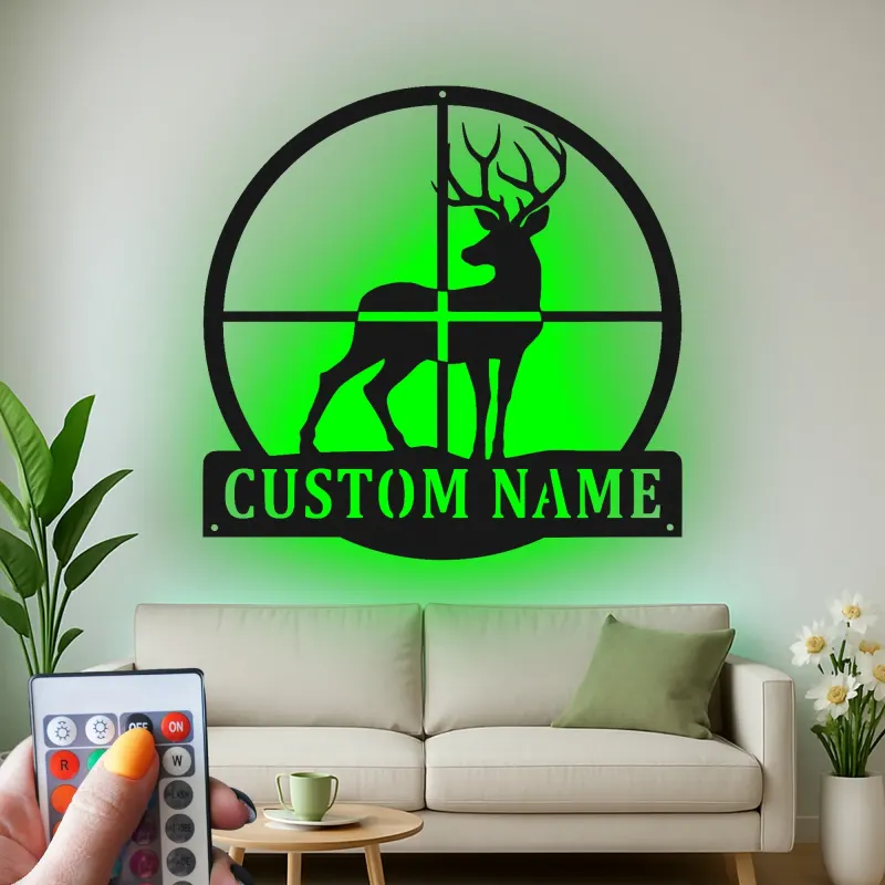 Décoration murale en métal personnalisée pour le cerf avec rétroéclairage LED, cadeau personnalisé pour les chasseurs, décoration de cabane rustique pour les amoureux de la nature