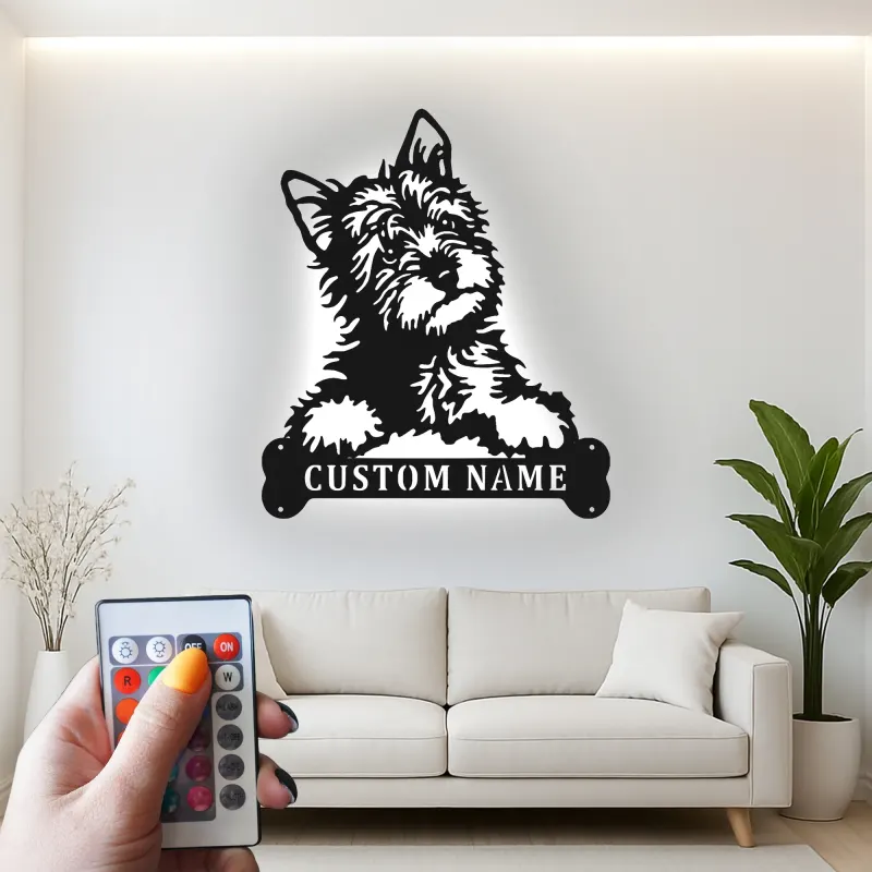 Décoration murale en métal personnalisée avec chien terrier et rétroéclairage LED - Cadeau pour amoureux des animaux