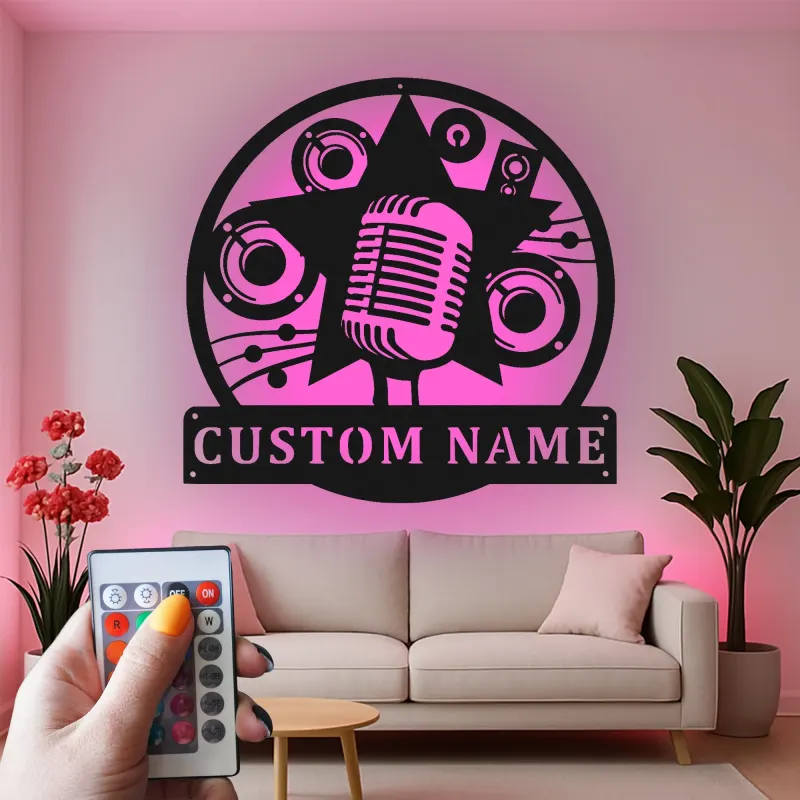 Cartel LED Personalizado de Micrófono | Arte Mural de Metal para Decoración de Estudio de Música | Placa de Nombre Personalizada para Músicos y Cantantes