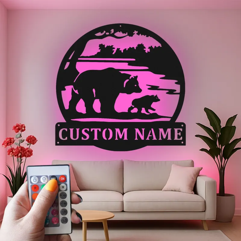 Cartel de metal LED Familia de Osos personalizado Regalo de naturaleza para familias Decoración de cabaña o sala