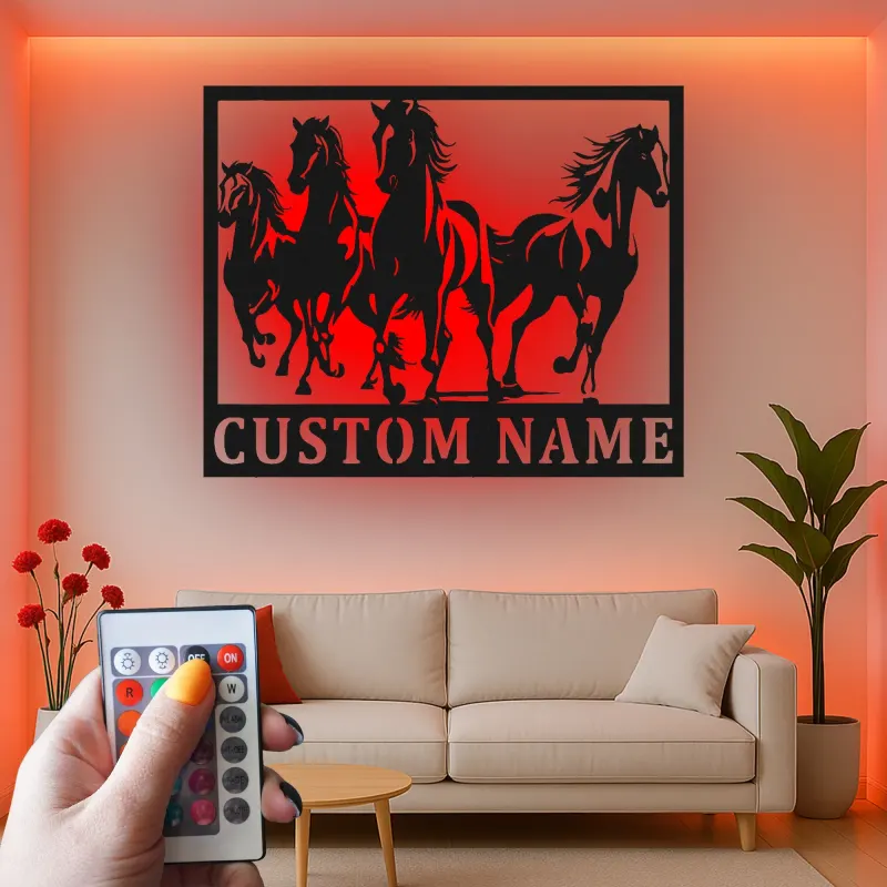 Insegna in metallo personalizzata con LED per cavallo | Arte murale equestri personalizzata | Decorazione per ranch e fienile per amanti dei cavalli