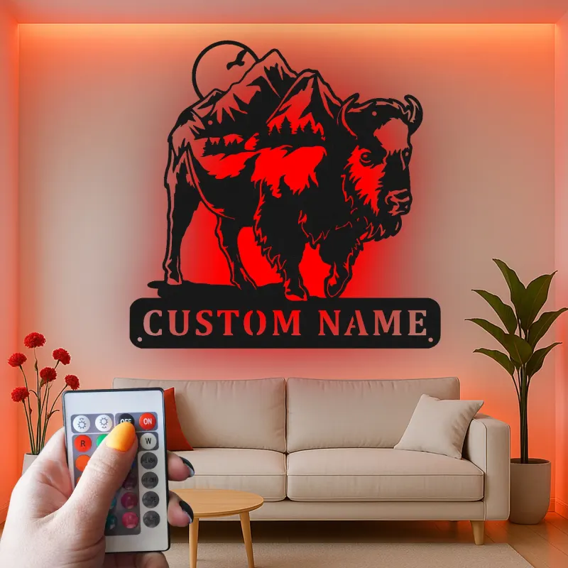 Custom Bison Mountain Led Light Metal Wall Art Personalized Rustic Gift for Nature Lovers Cabin or Lodge Decor