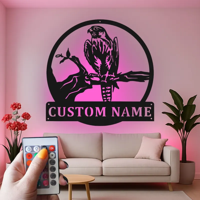 Insegna LED in metallo con falco personalizzata | Arte murale con rapace personalizzata | Decorazione retroilluminata per esterni e logo aziendale | Regalo per amanti della fauna
