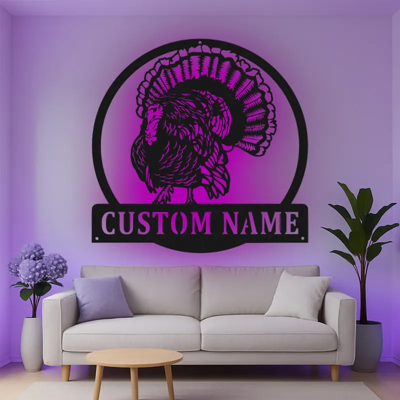 Décoration murale en métal personnalisée avec LED en forme de dinde - Cadeau de Thanksgiving pour la cuisine ou la salle à manger