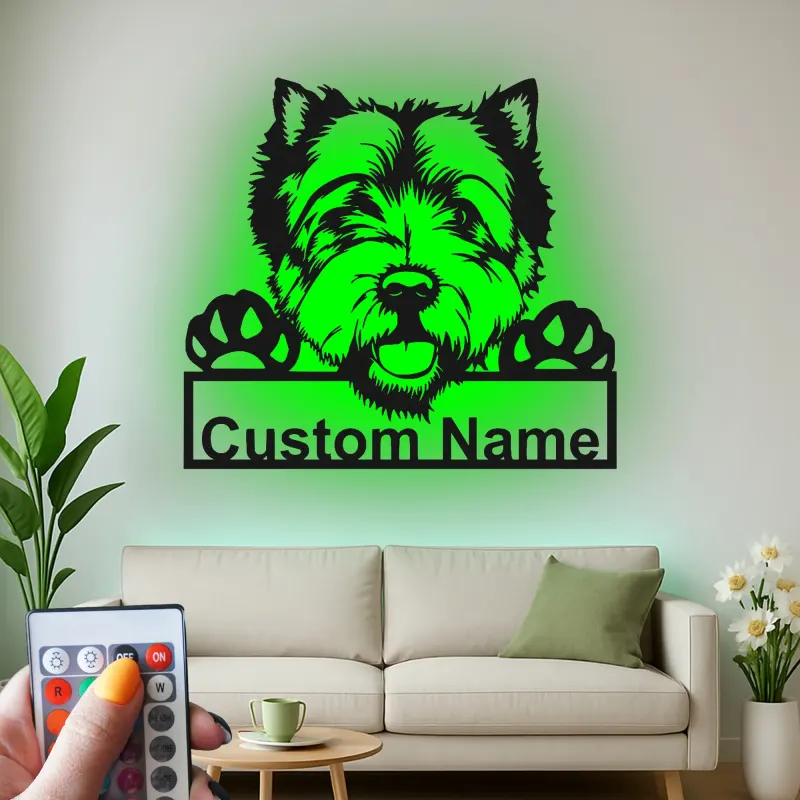 Cartel de metal personalizado con luz LED de perro Terrier, regalo para padres de mascotas, decoración para salón o entrada 1