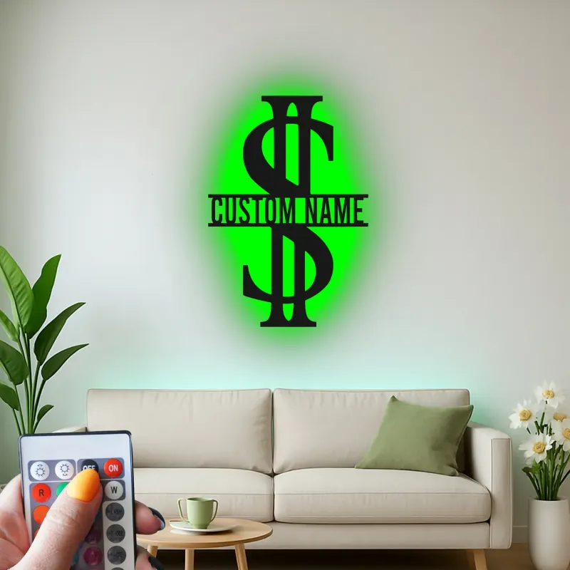 Décoration murale en métal personnalisée en forme de signe dollar avec rétroéclairage LED - Cadeau personnalisé pour entrepreneurs - Décor de bureau ou de salle de loisirs