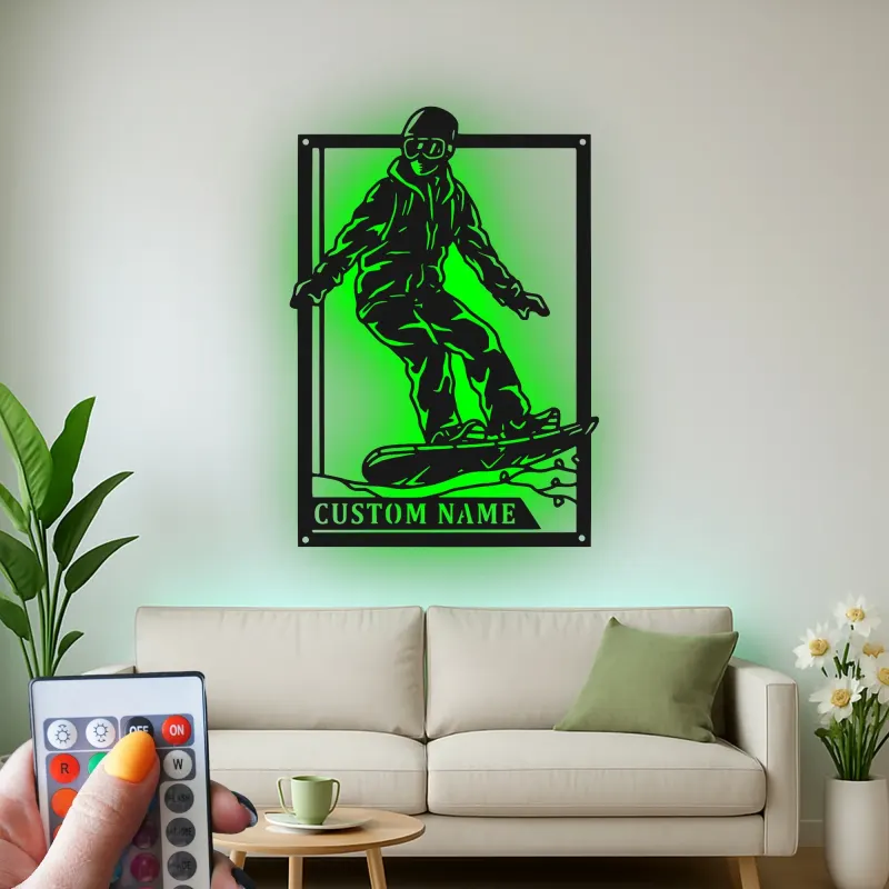 Cartel LED de snowboarder personalizado | Decoración mural de metal personalizada | Decoración de deportes de invierno para habitación de adolescentes o cabaña | Regalo de snowboard
