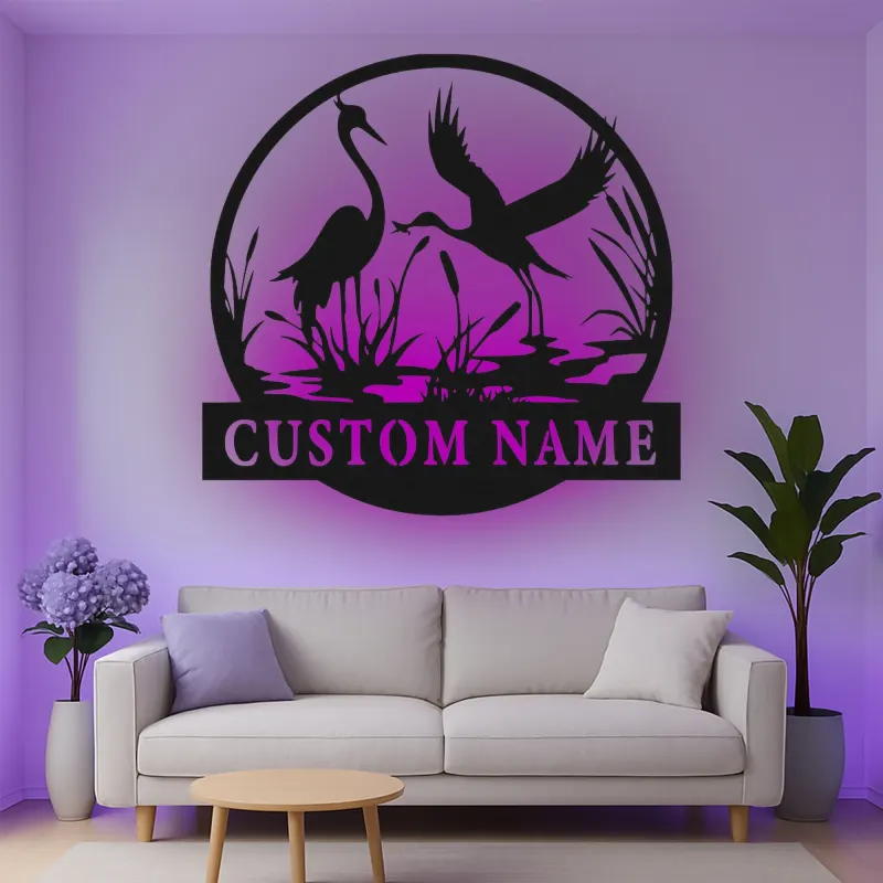 Décoration murale en métal personnalisée avec silhouette de grue et rétroéclairage LED - Cadeau pour les amoureux de la nature, décoration pour chambre ou salon