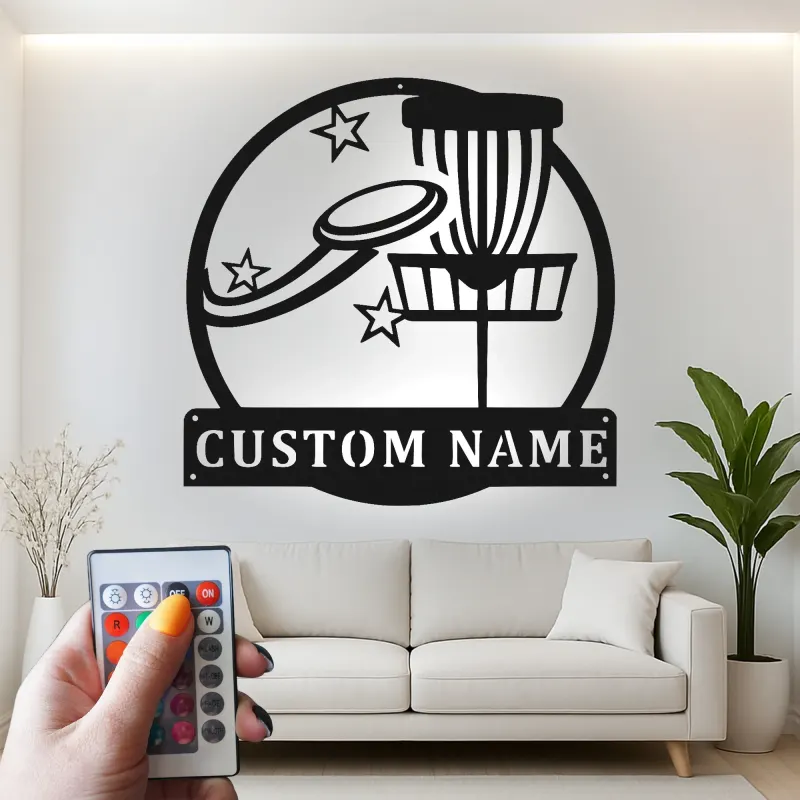 Insegna in metallo personalizzata con LED a forma di cestino per disc golf - Regalo per appassionati di disc golf - Decorazione per sala giochi 4