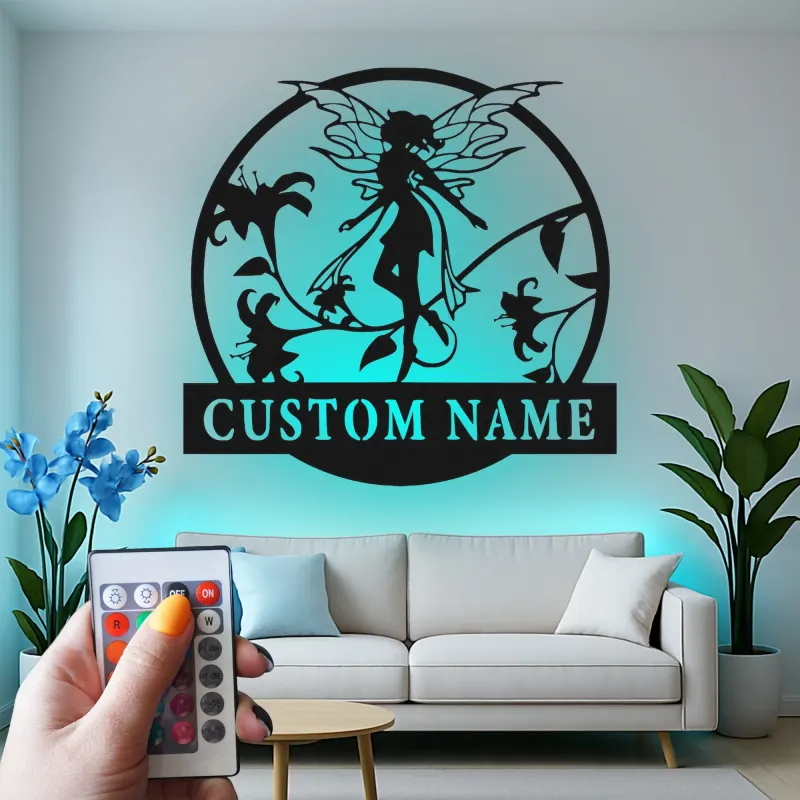 Personalisierte Feen-Namensschild | LED Metall-Wandkunst für das Mädchenzimmer | Individuelle Babyzimmer-Dekoration | Verzauberndes Feen-Garten-Geschenk