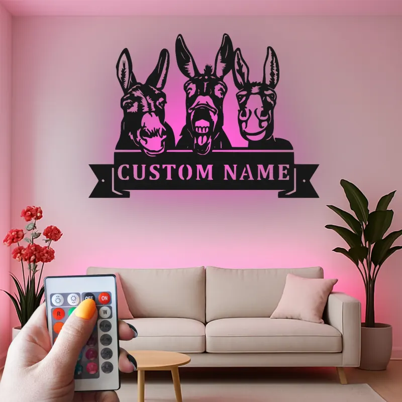 Insegna in metallo LED Donkey Trio Personalizzata Regalo per Fattoria Decorazione Casa Rustica