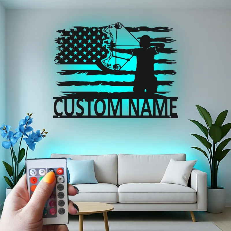 Personalisierte Bogenschießen Amerikanische Flagge LED Licht Metall Wandkunst Einzigartiges Geschenk für Bogenschützen Man Cave oder Garagen Dekor