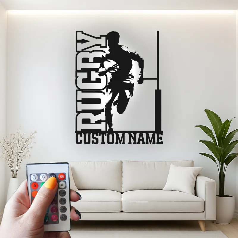 Custom Rugby Player LED Metal Sign | Personalized Athlete Name Light | Sports Game Room Decor | Gift for Coach or Rugby Fan