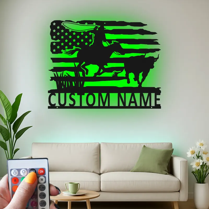 Cartel de metal personalizado con luz LED de vaquero rodeo, regalo western para él, decoración rústica de rancho