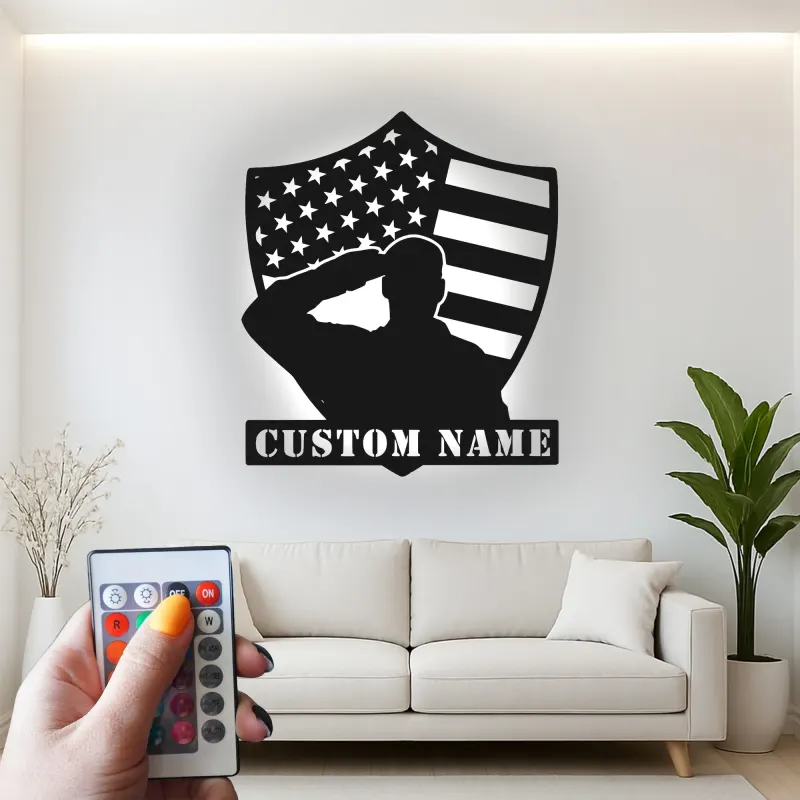 Saluting Soldier LED Metal Wall Art | Personalized Veteran Gift | Custom Military Name Sign for Man Cave