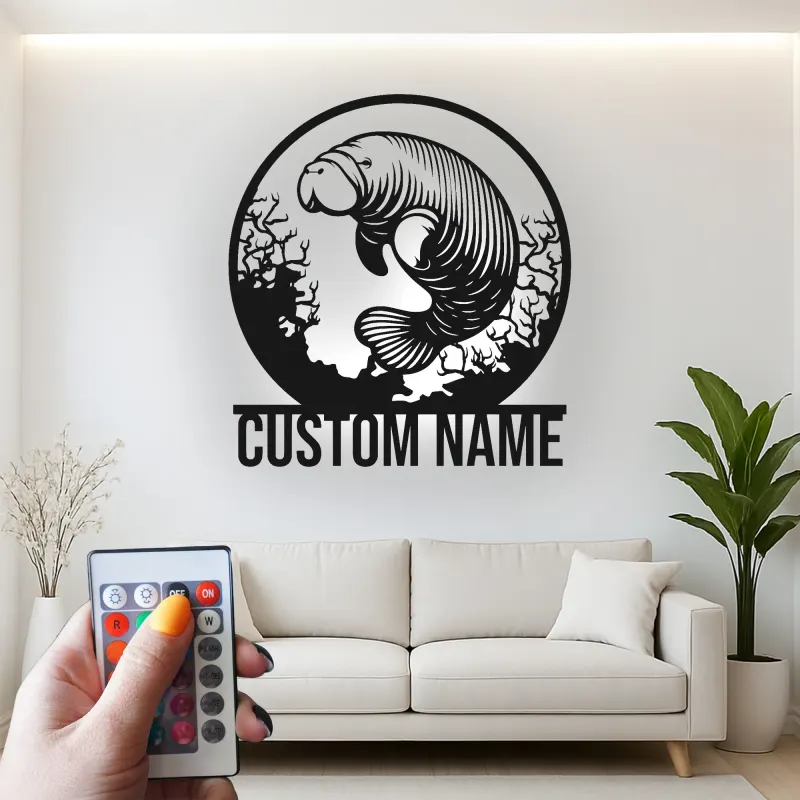 Arte da Parete Manatee in Metallo Personalizzata | Insegna LED per Mucca di Mare | Decorazione Nautica per Amanti dell'Oceano