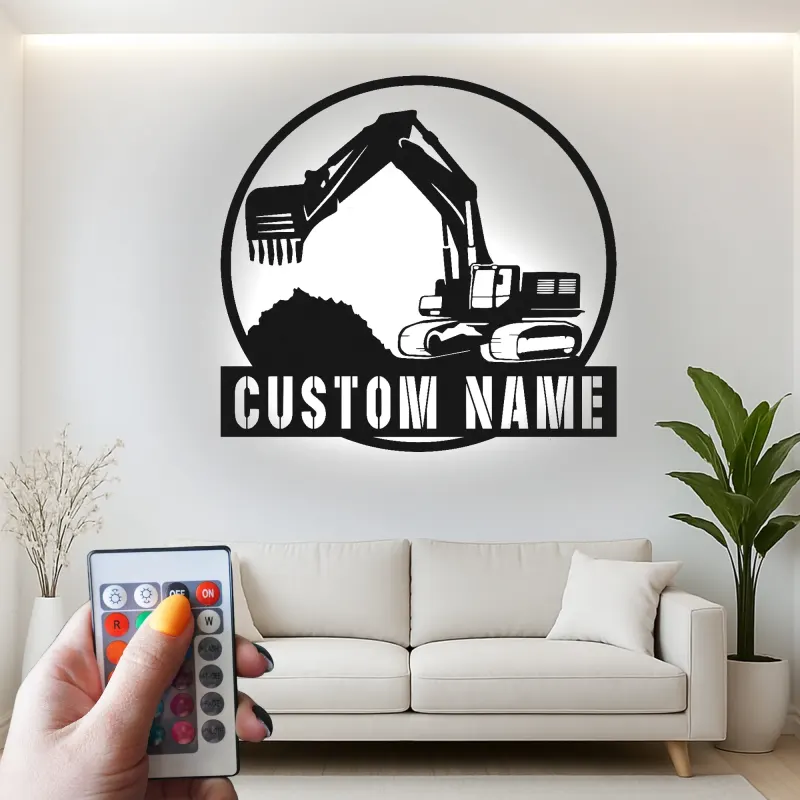 Personalisierte LED-Metall-Wandkunst mit Bagger-Motiv – Geschenk für Bauprofis, Büro oder Garage