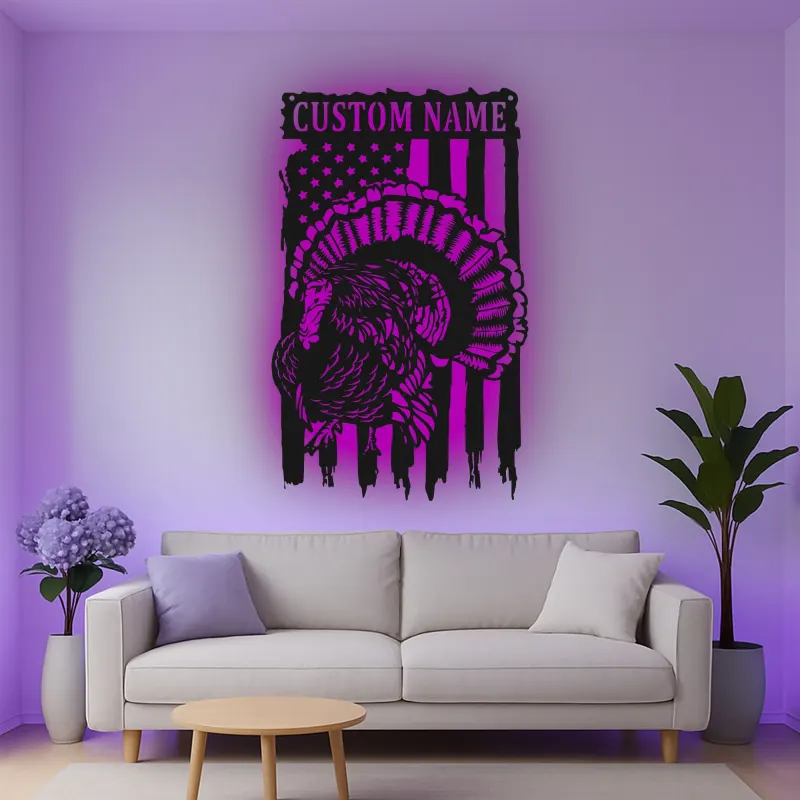 Personalisiertes LED-Metallschild mit Truthahn und amerikanischer Flagge