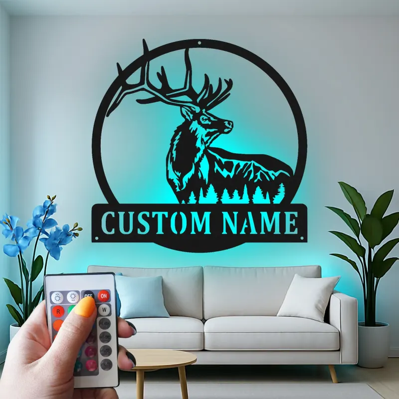 Personalisierte LED-Metall-Wandkunst mit Elch – Jagdgeschenk für Ihn, rustikale Hüttendeko