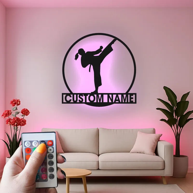 Custom Karate Kick Led Light Metal Wall Art Martial Arts Gift for Karate Enthusiasts Dojo or Gym Decor