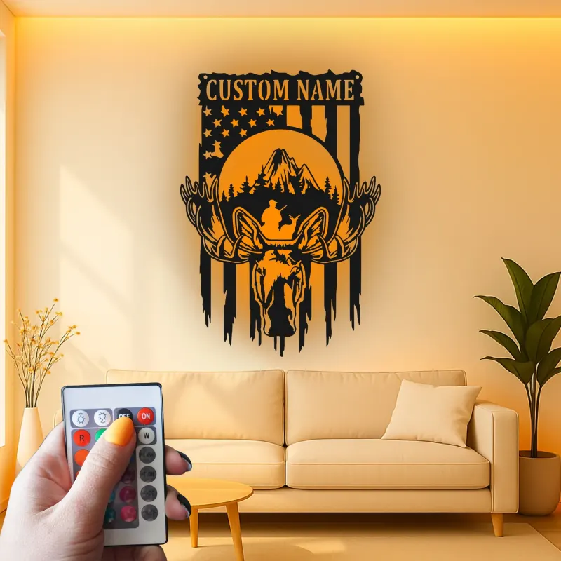 Insegna in metallo personalizzata con alce | Decorazione LED per cabin | Insegna rustica per appassionati di natura