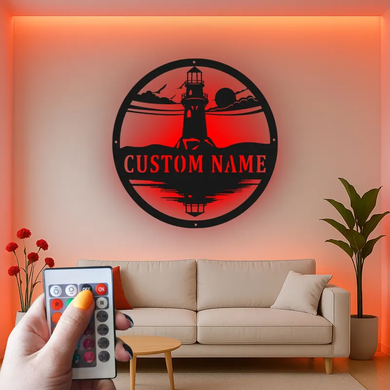 Panneau en métal phare LED personnalisé | Art mural nautique personnalisé | Décor côtier et maison de plage